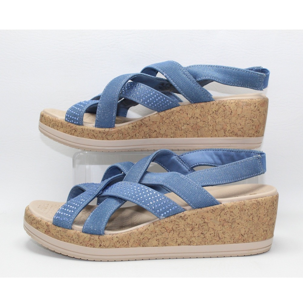 Bzees Ritz Blue Rhinestone Fabric Wedge Sandals Womens 11W Stretch Slingback
